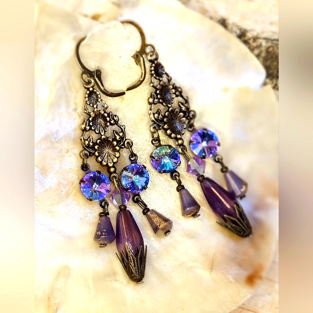 Victorian Chandelier Milky Purple & AB Crystal & Glass In Long Brass Earrings